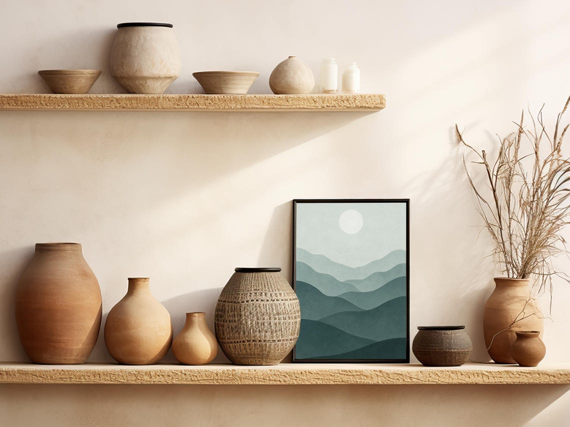 Green Mountain Waves Painting Minimalist Sun Japandi Nature Poster - Image 5