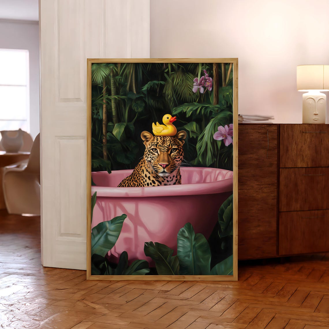 Leopard In Pink Bathtub With Rubber Duck Jungle Funny Poster
