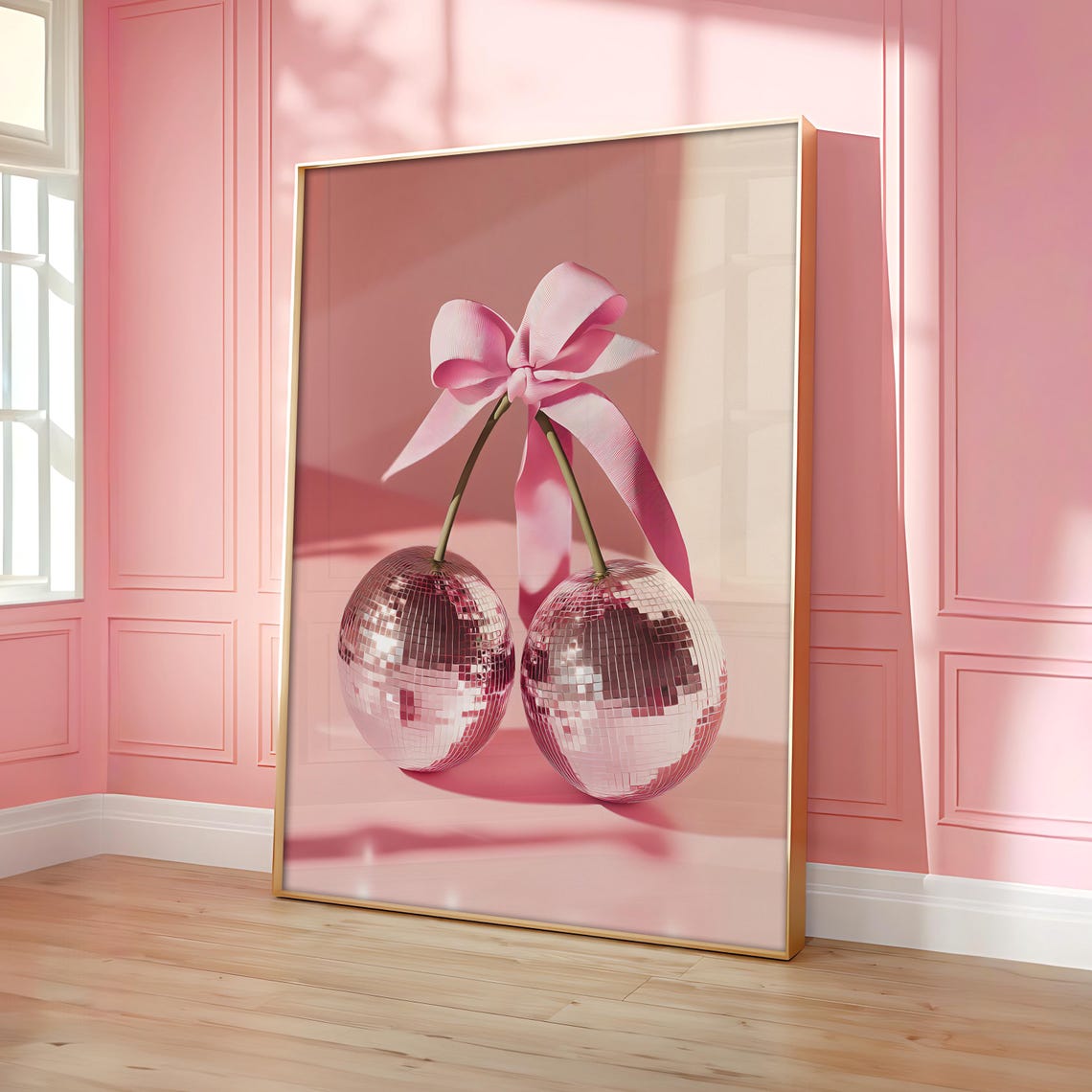 Pink Cherry Disco Balls Bow Ribbon Blush Maximalist Decor Poster