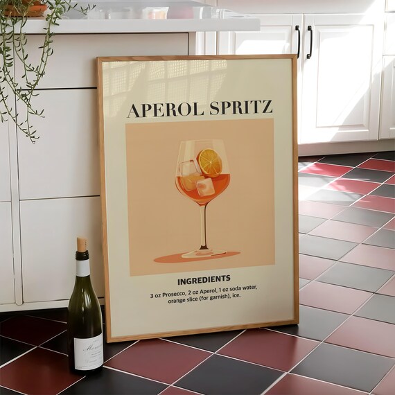Aperol Spritz Cocktail Recipe Ingredients Retro Bar Kitchen Poster