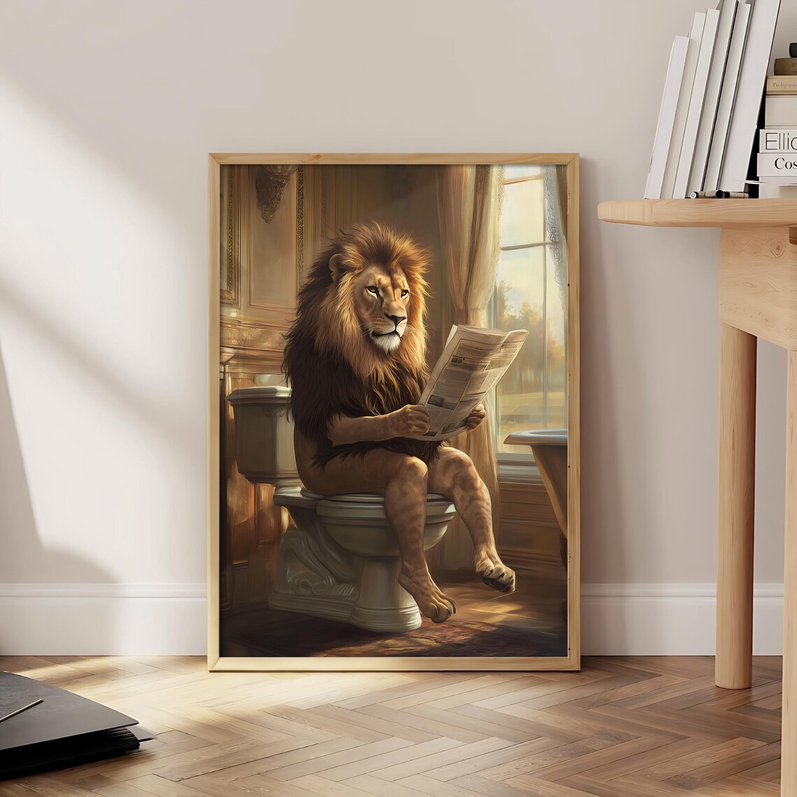 Funny Lion Bathroom Print Poster Housewarming Toilet Wall Art Prints Animal Optional Frame