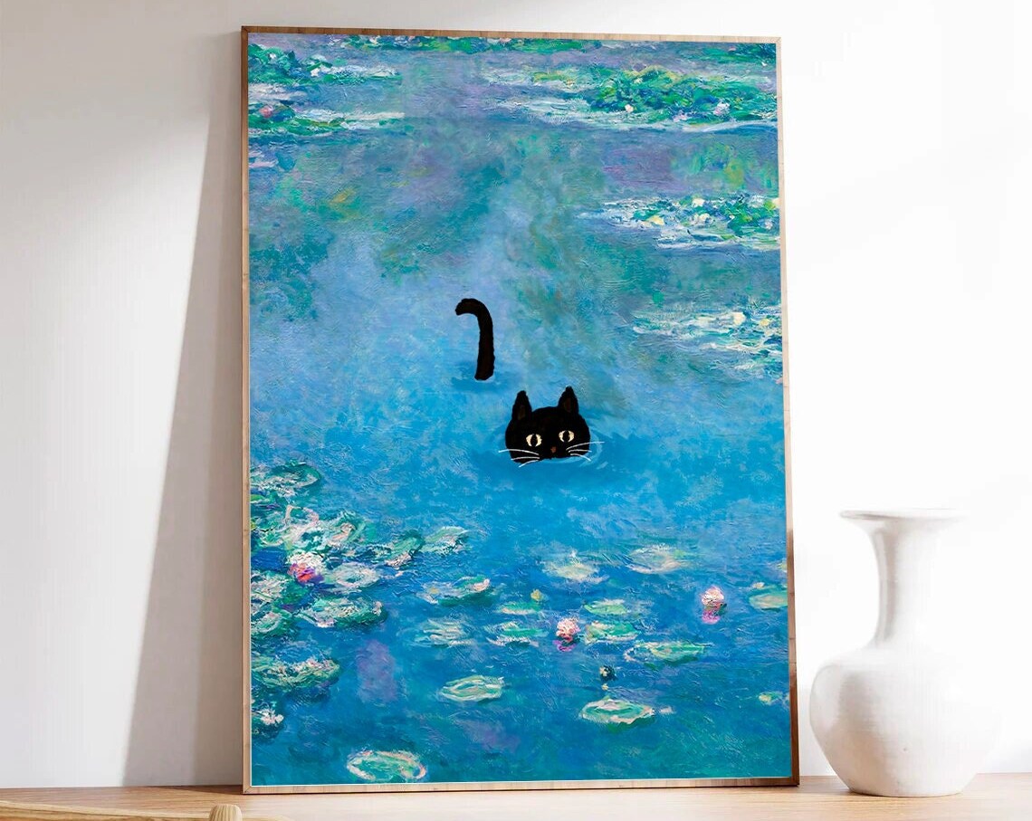 Monet-Inspired Cat and Water Lily Poster Print