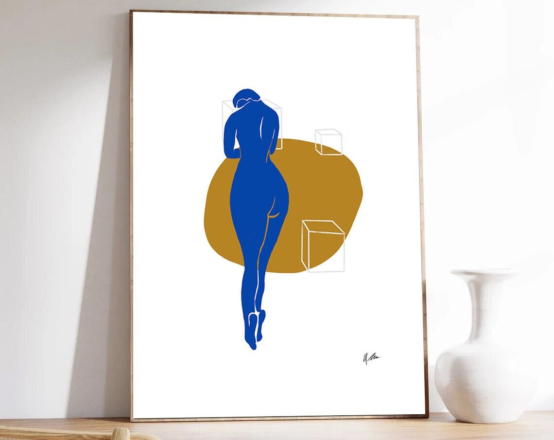 Blue Nude Figure Back View Gold Shape Abstract Modern Poster - Image 2