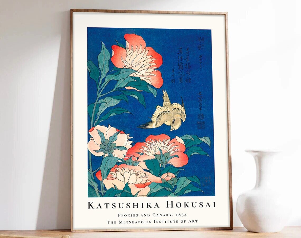 Hokusai Peonies and Canary 1834 Japanese Woodblock Floral Poster