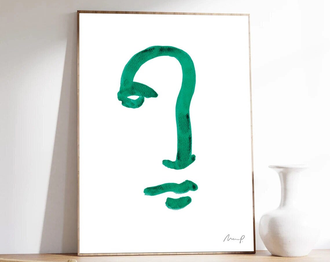 Green Brushstroke Face Seven Curved Line Profile Portrait Poster