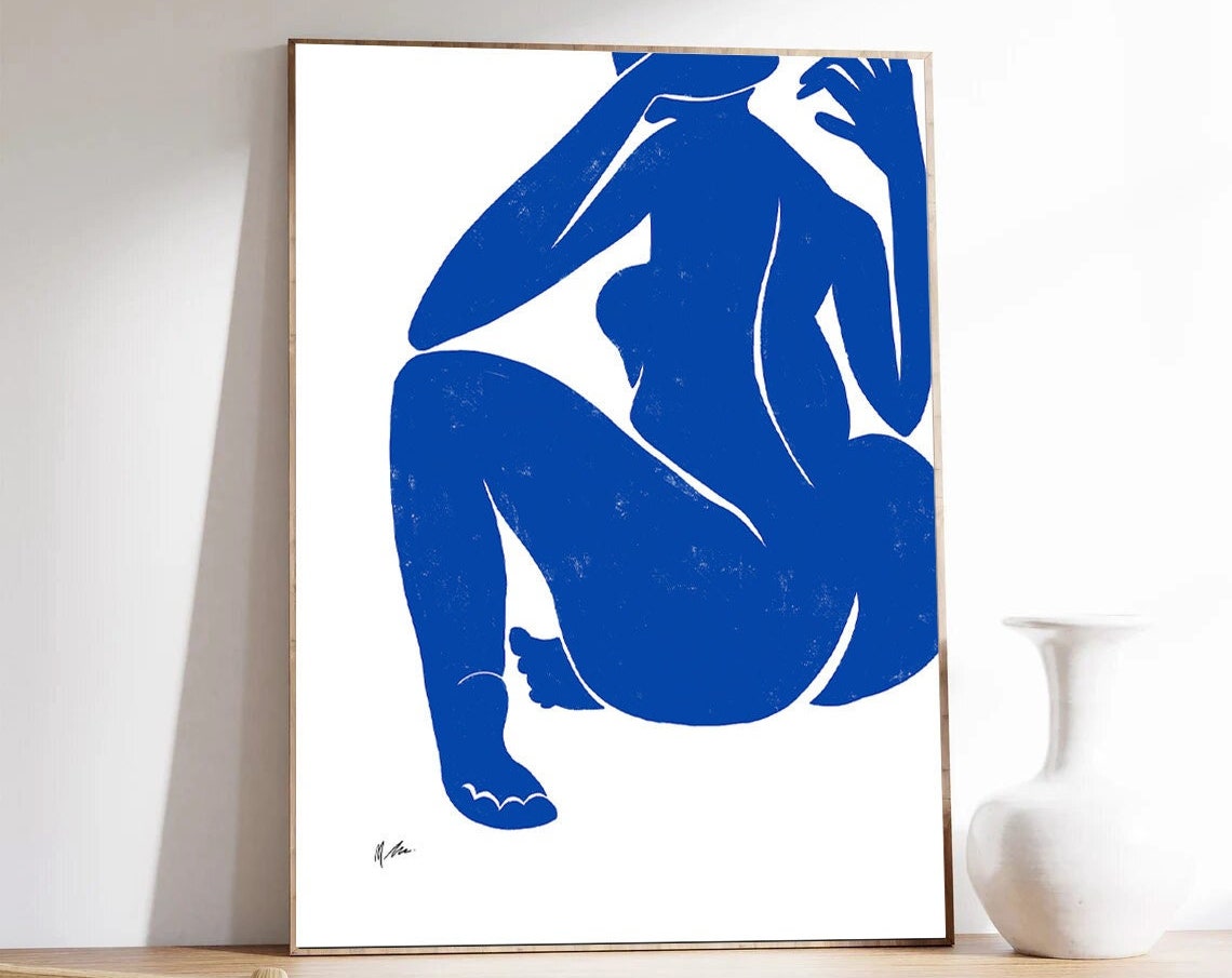 Dynamic Blue Nude Crouching Figure Matisse Inspired Modern Poster - Image 2