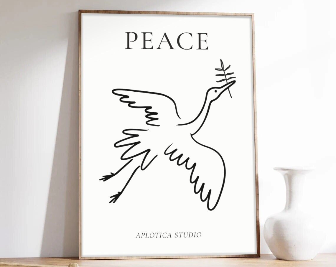 Peace Line Art Crane With Olive Branch Minimalist Bird Poster