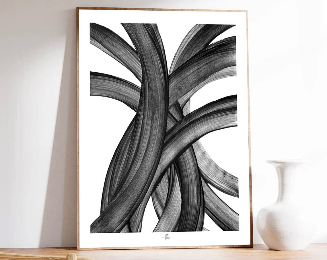 Interwoven Black Brushstroke Strands Organic Abstract Art Poster
