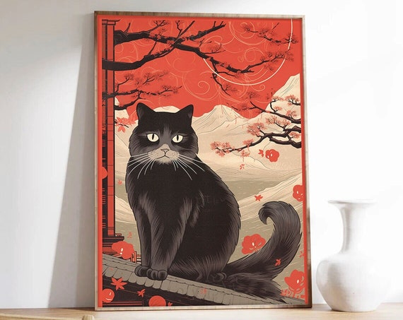 Japanese Poster Hokusai Divine Cat Asian Wall Art Museum Quality Paper