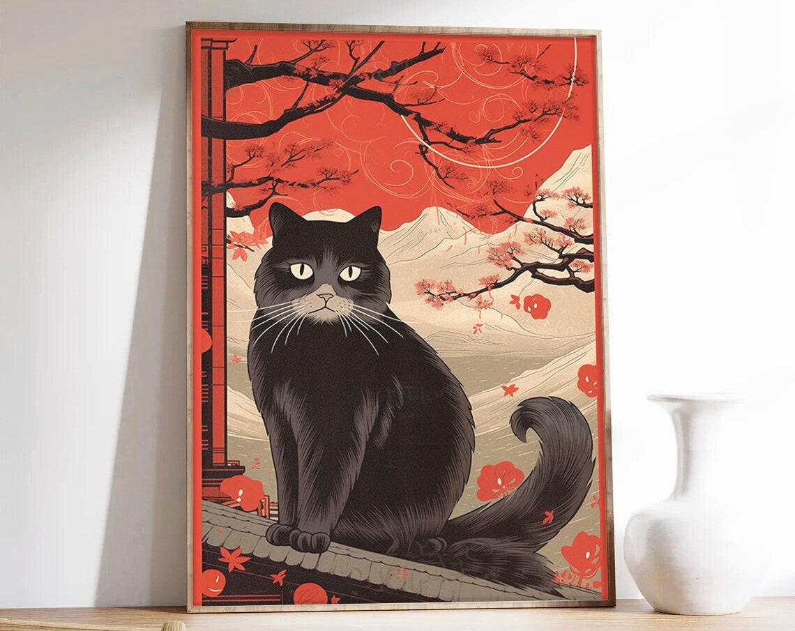 Japanese Black Cat Cherry Blossom Rooftop Ukiyo E Style Poster