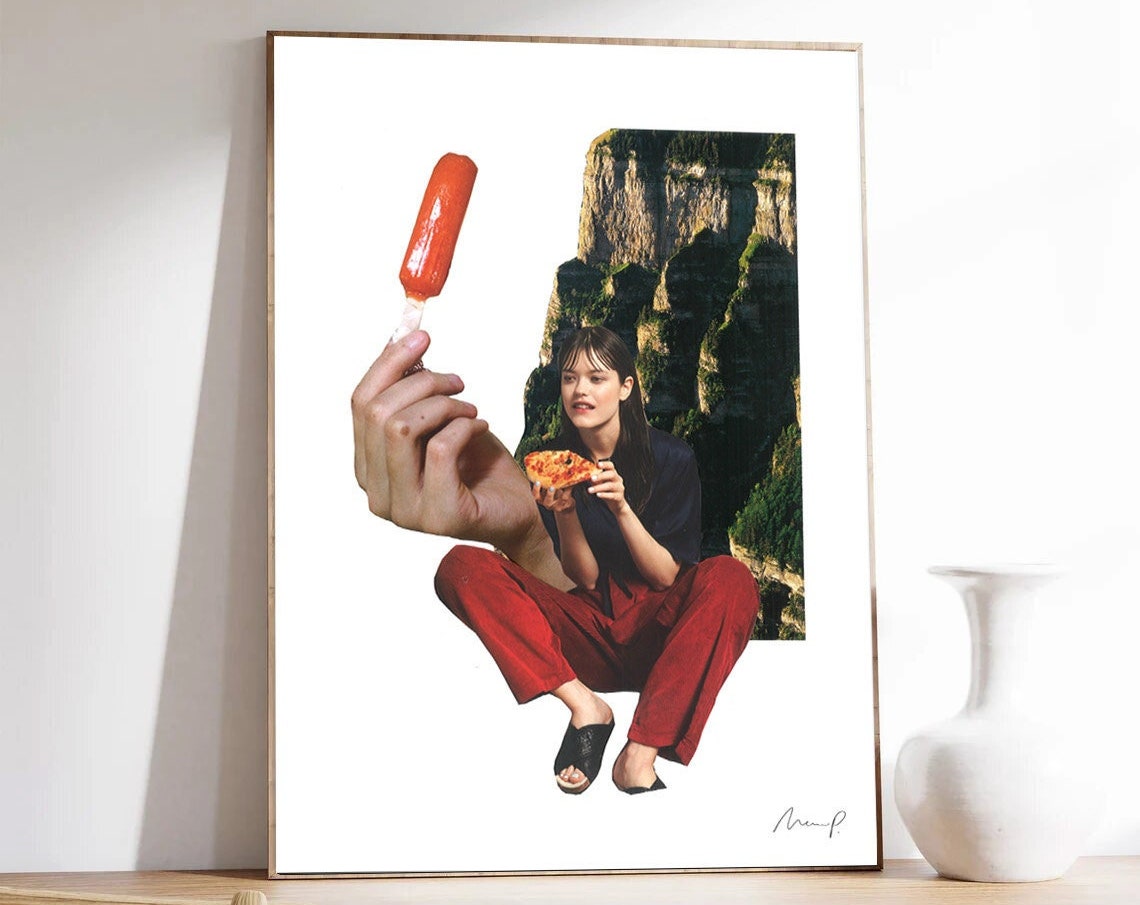 Surreal Collage Woman Eating Pizza Giant Hand Popsicle Cliff Poster