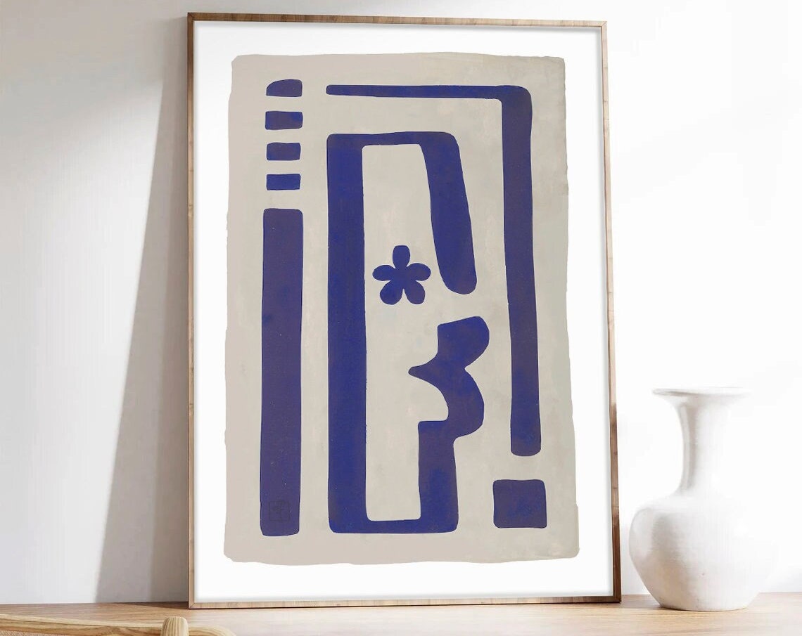 Cobalt Blue Geometric Abstract Ancient Shapes Beige Ground Poster
