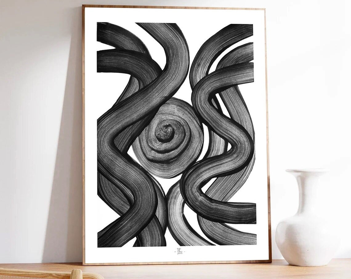 Black Swirl Spiral Center Flowing Brushstroke Abstract Art Poster
