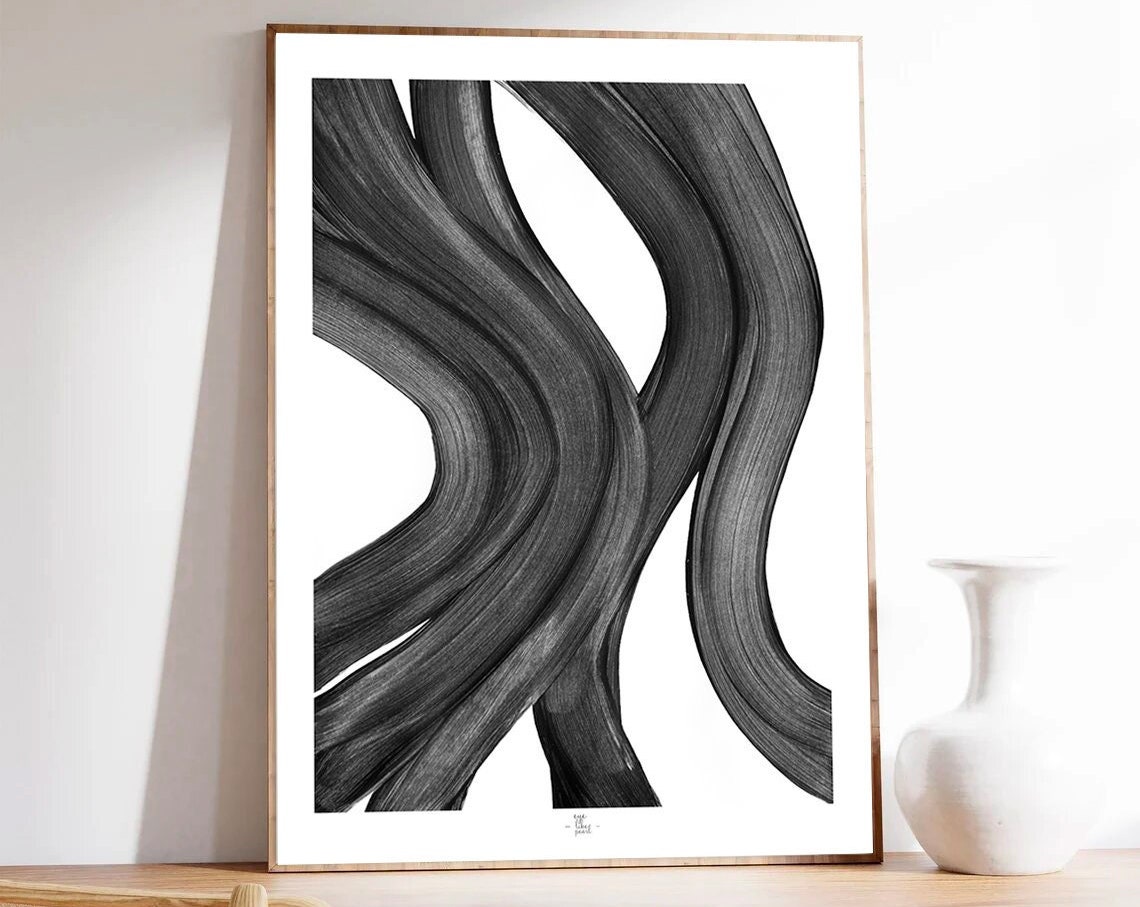 Black Flowing Brushstroke Waves Monochrome Minimalist Art Poster