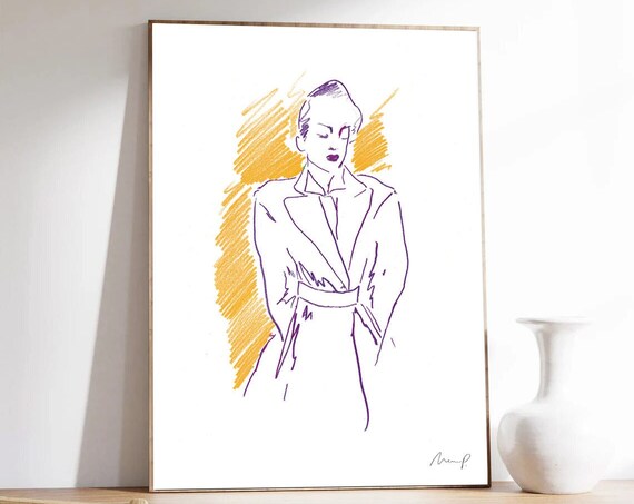 Poised Fashion Illustration Woman Belted Coat Crayon Style Poster
