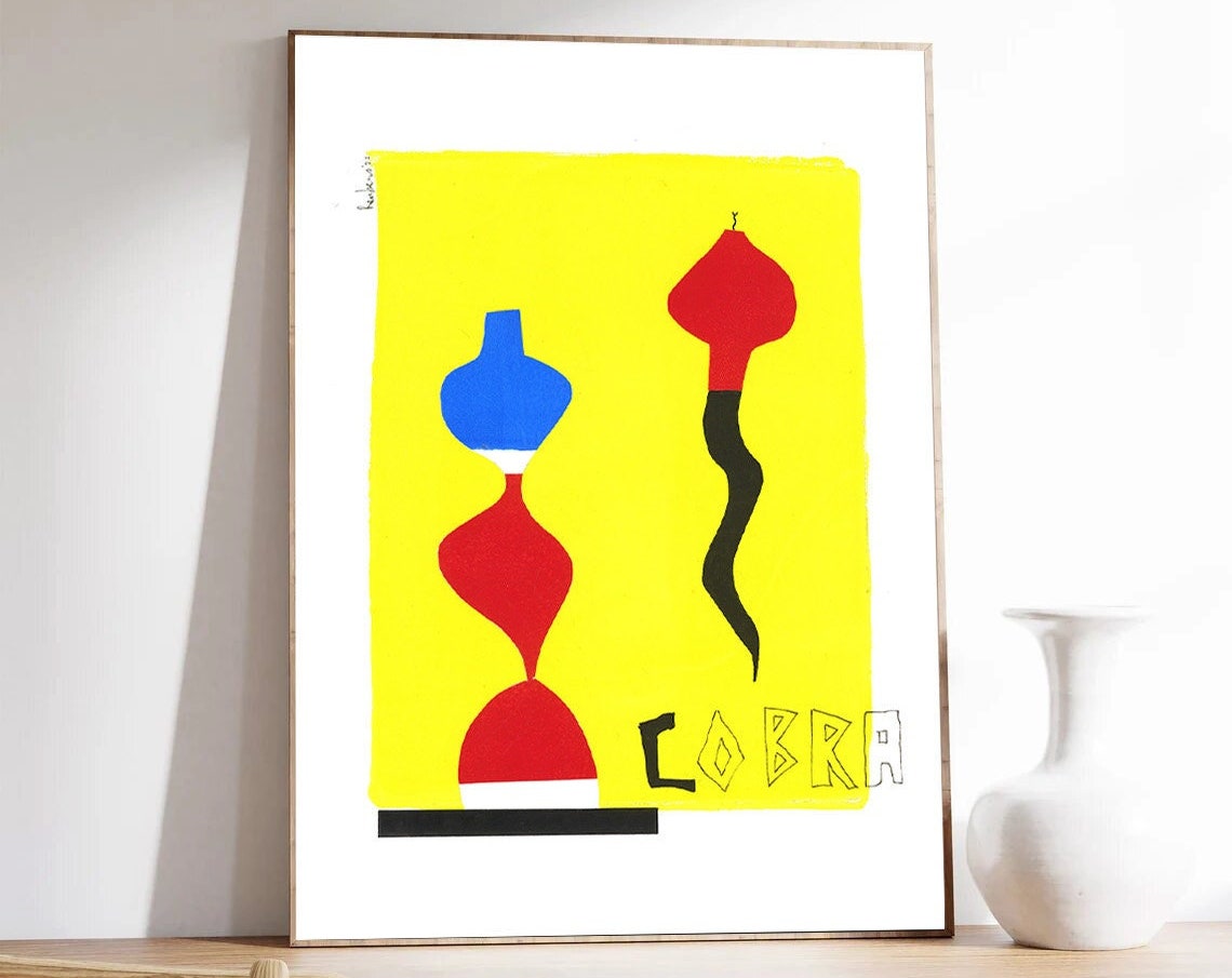 Cobra Bold Abstract Vase Shapes In Red Blue On Yellow Poster - Image 2