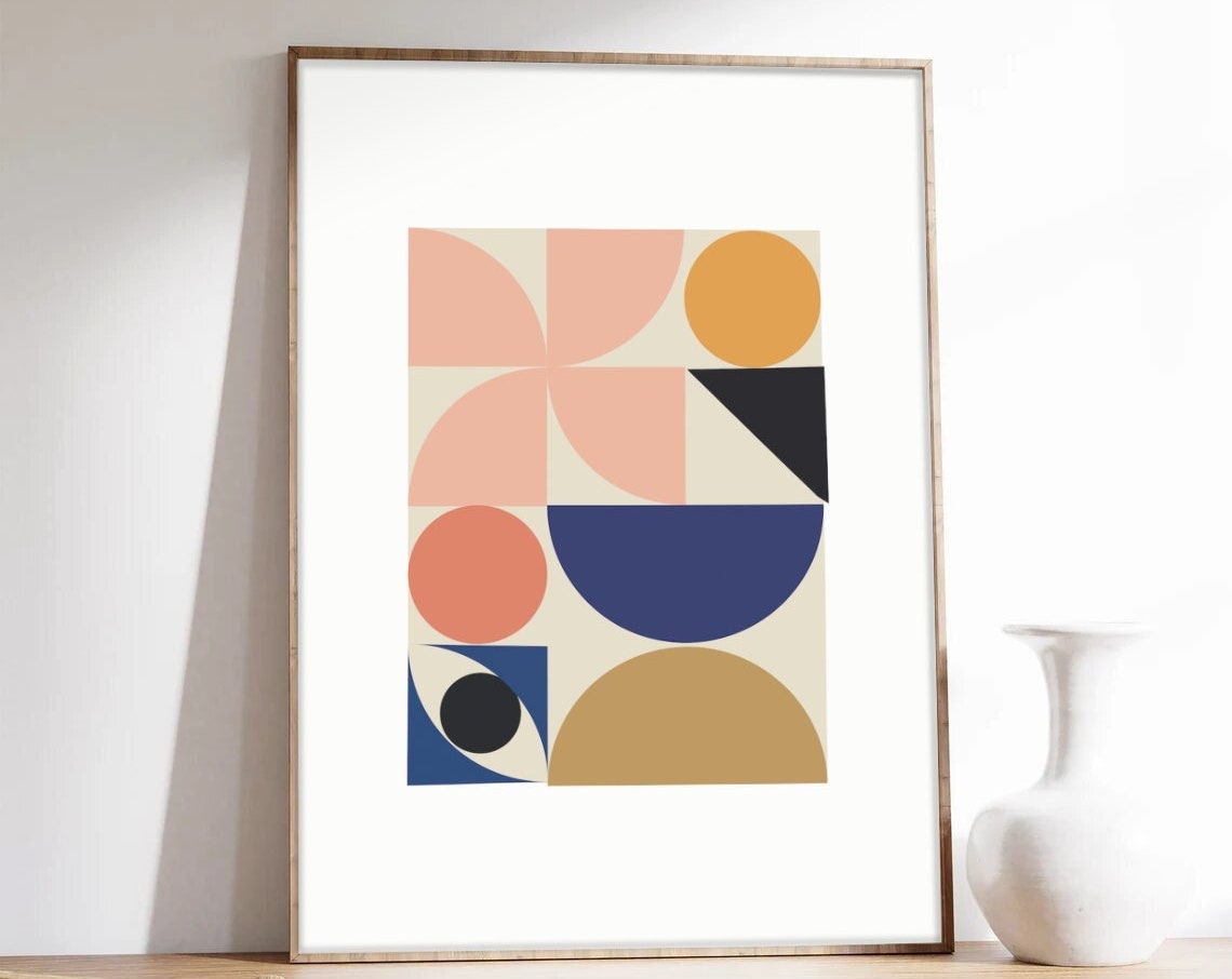 Geometric Bauhaus Circles Semicircles Coral Navy Ochre Art Poster - Image 2