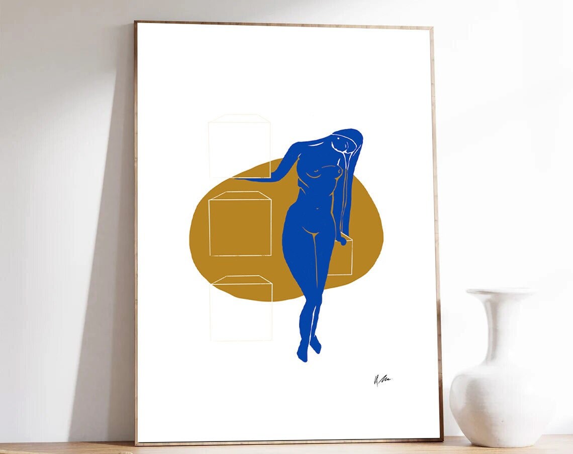 Blue Nude Standing Figure Golden Sun Geometric Modern Art Poster - Image 2
