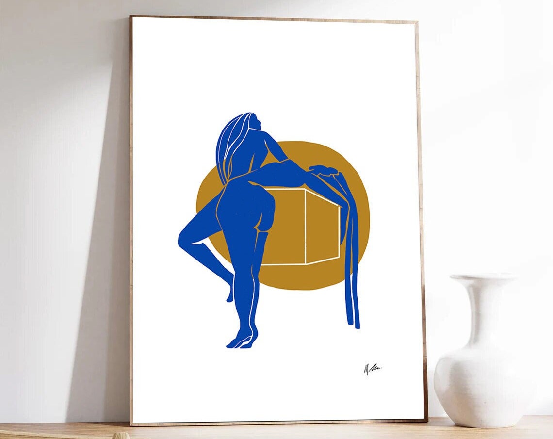 Dynamic Blue Nude Leaning Gold Cube Long Hair Modern Art Poster - Image 2