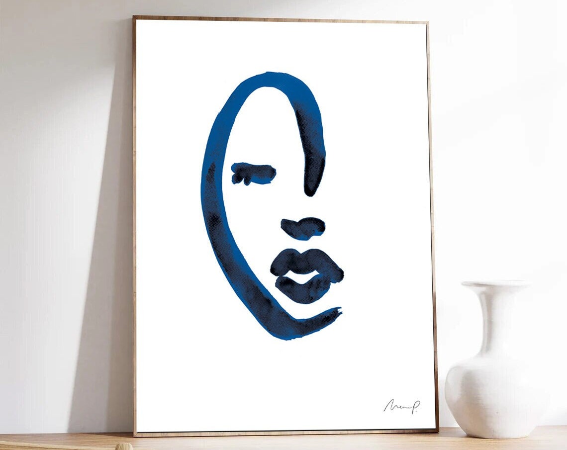 Blue Brushstroke Face Five Simple Oval Line Art Portrait Poster