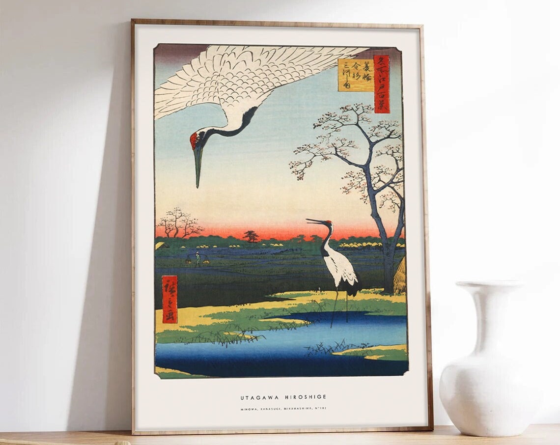 Utagawa Hiroshige Minowa Cranes Japanese Woodblock Sunset Poster