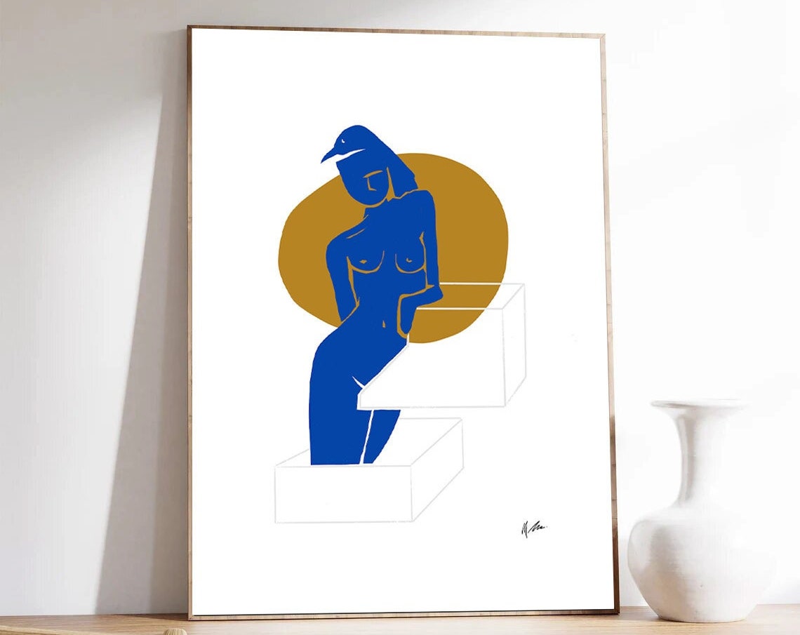 Graphic Blue Nude Seated Steps Gold Circle Modernist Art Poster - Image 2