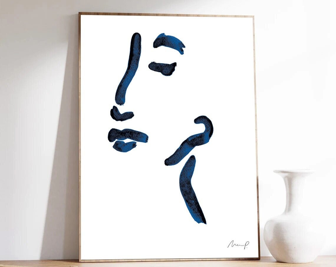 Bold Cobalt Blue Abstract Face Line Art Minimalist Portrait Poster