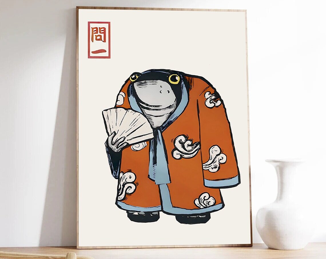 Charming Japanese Frog in Kimono Holding Fan Ukiyo E Style Poster