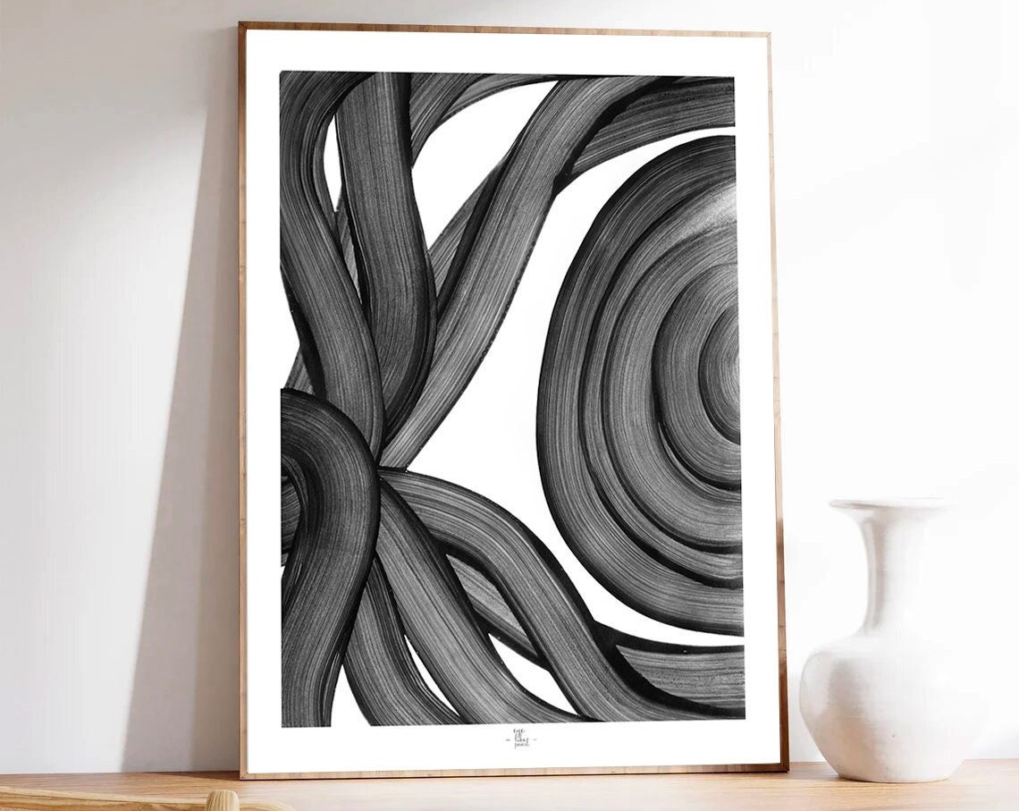 Black Brushstroke Waves With Concentric Circle Abstract Art Poster