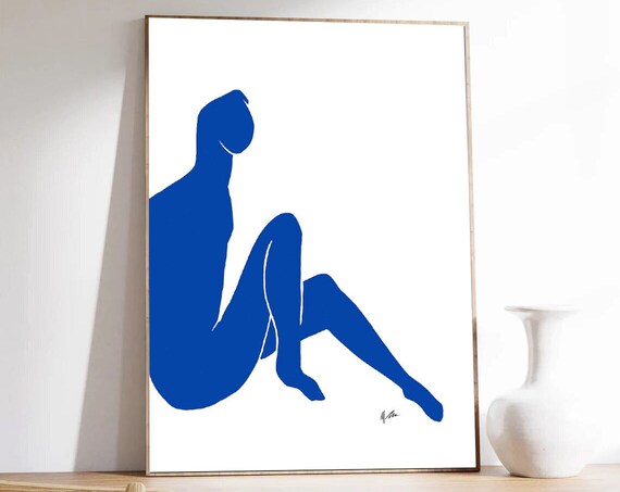 Bold Blue Nude Seated Figure Matisse Inspired Abstract Art Poster