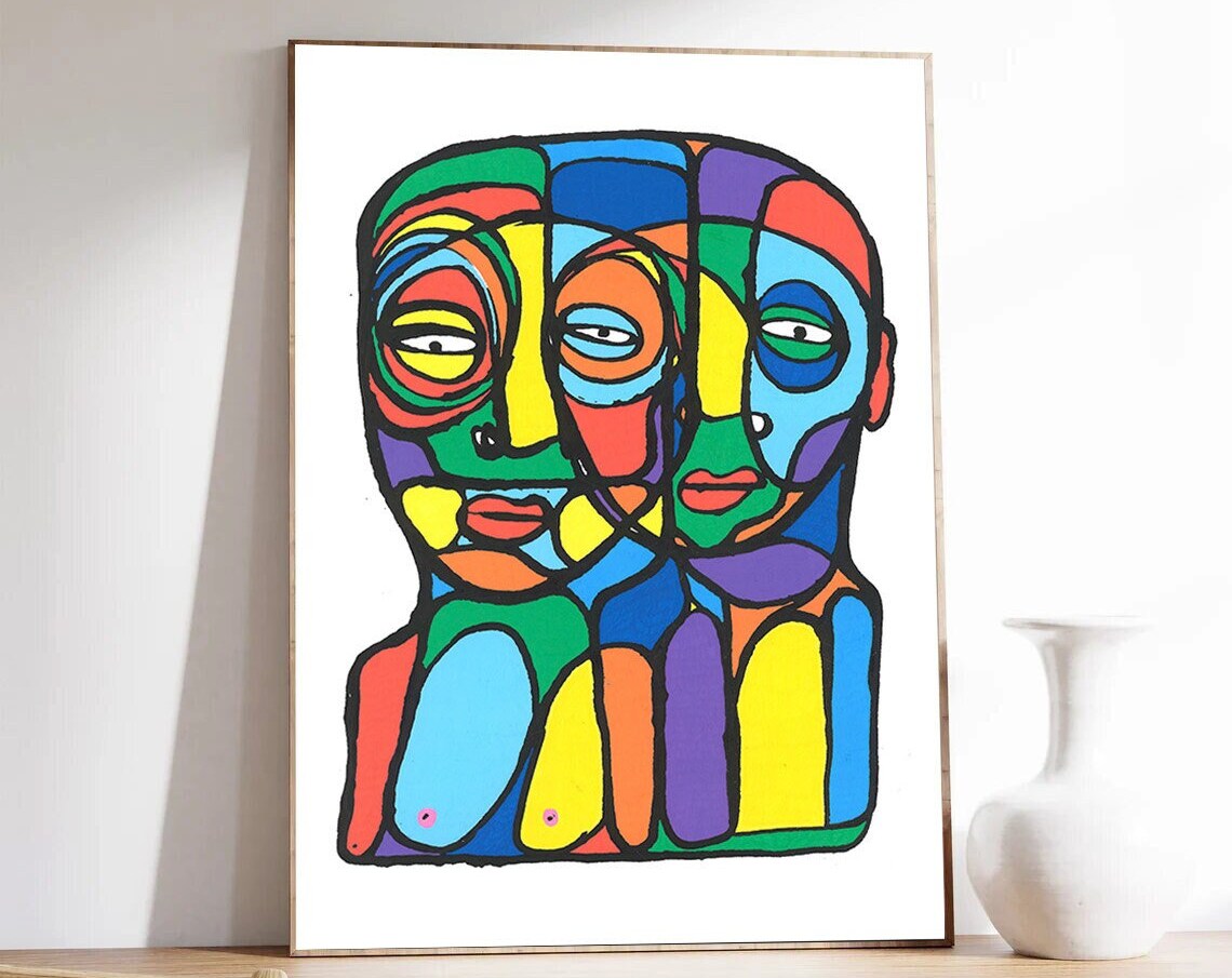 Colorful Mosaic Triple Faces Stained Glass Style Abstract Poster - Image 2