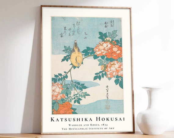 Hokusai Poster Japanese Print Warbler And Roses Japanese Art Poster Art Print On Museum Quality Paper