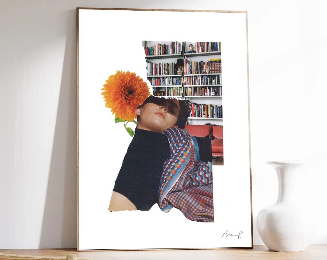 Dreamy Collage Woman Library Marigold Flower Fine Art Poster