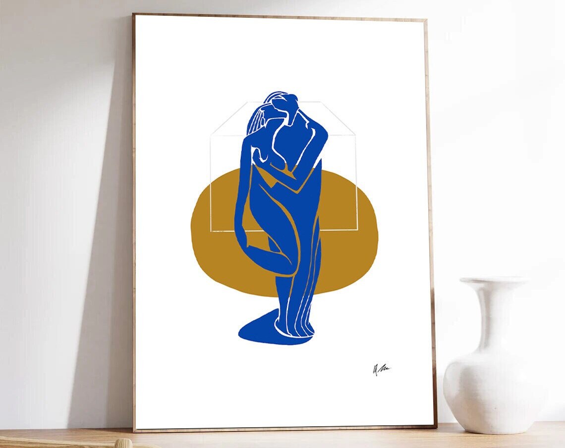 Graceful Blue Nude Dancer Gold Circle White Cube Abstract Poster - Image 2