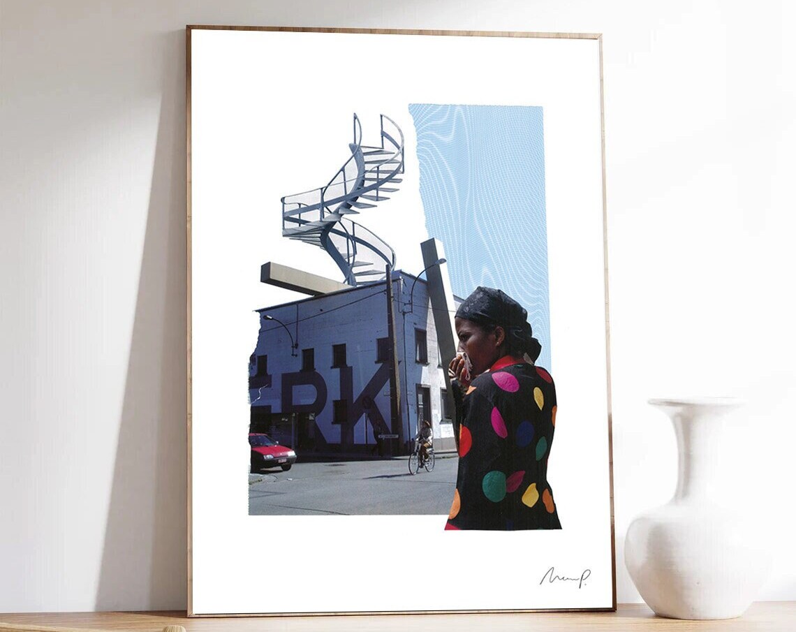 Surreal Photo Collage Spiral Staircase City Street Scene Poster