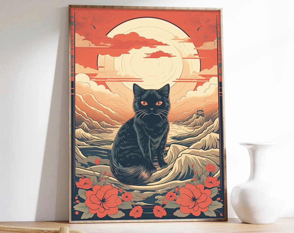 Japanese Black Cat Red Sun Woodblock Style Ukiyo E Art Poster