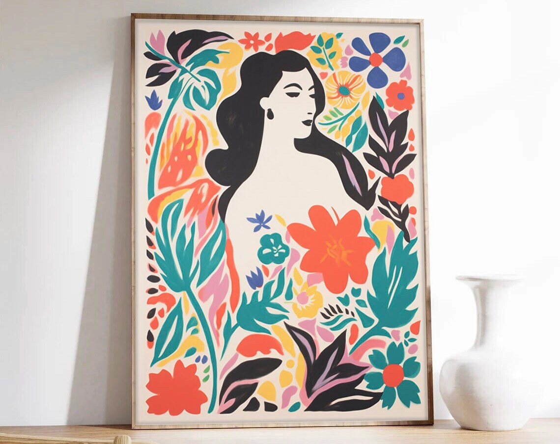 Elegant Woman Silhouette Colorful Flowers Tropical Botanical Poster