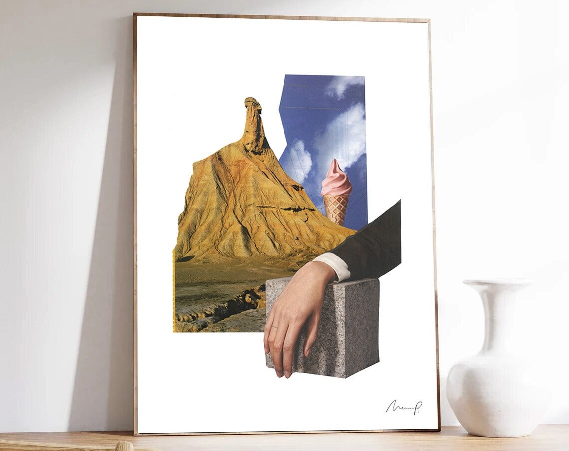 Witty Surreal Collage Desert Rock Pink Ice Cream Cone Art Poster