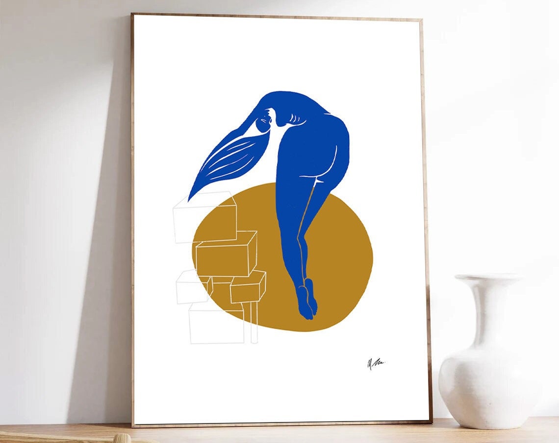 Blue Nude Bending Figure Gold Circle Geometric Modern Art Poster - Image 2