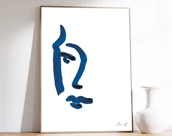 Blue Brushstroke Face Four Minimalist Profile Abstract Art Poster
