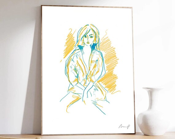 Lively Fashion Sketch Seated Woman Blue Yellow Crayon Art Poster