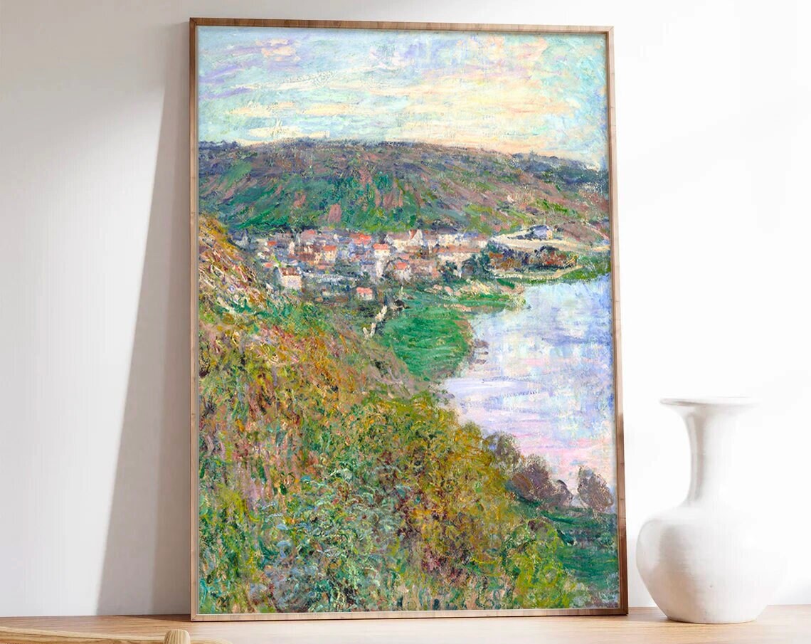 Monet View of Vetheuil Impressionist Poster with River Village Scene