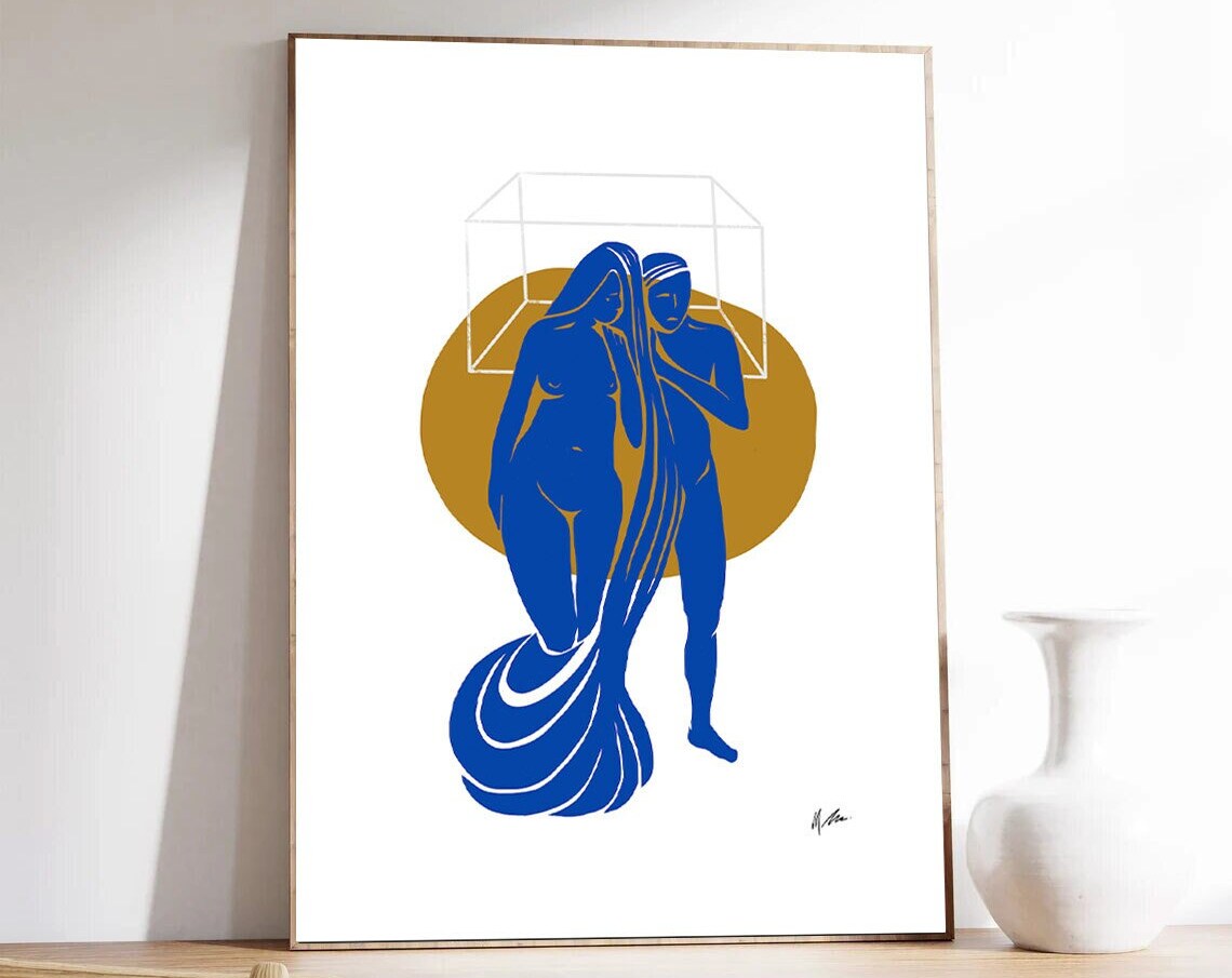 Tender Blue Nude Couple Embrace Gold Circle Modern Art Poster - Image 2