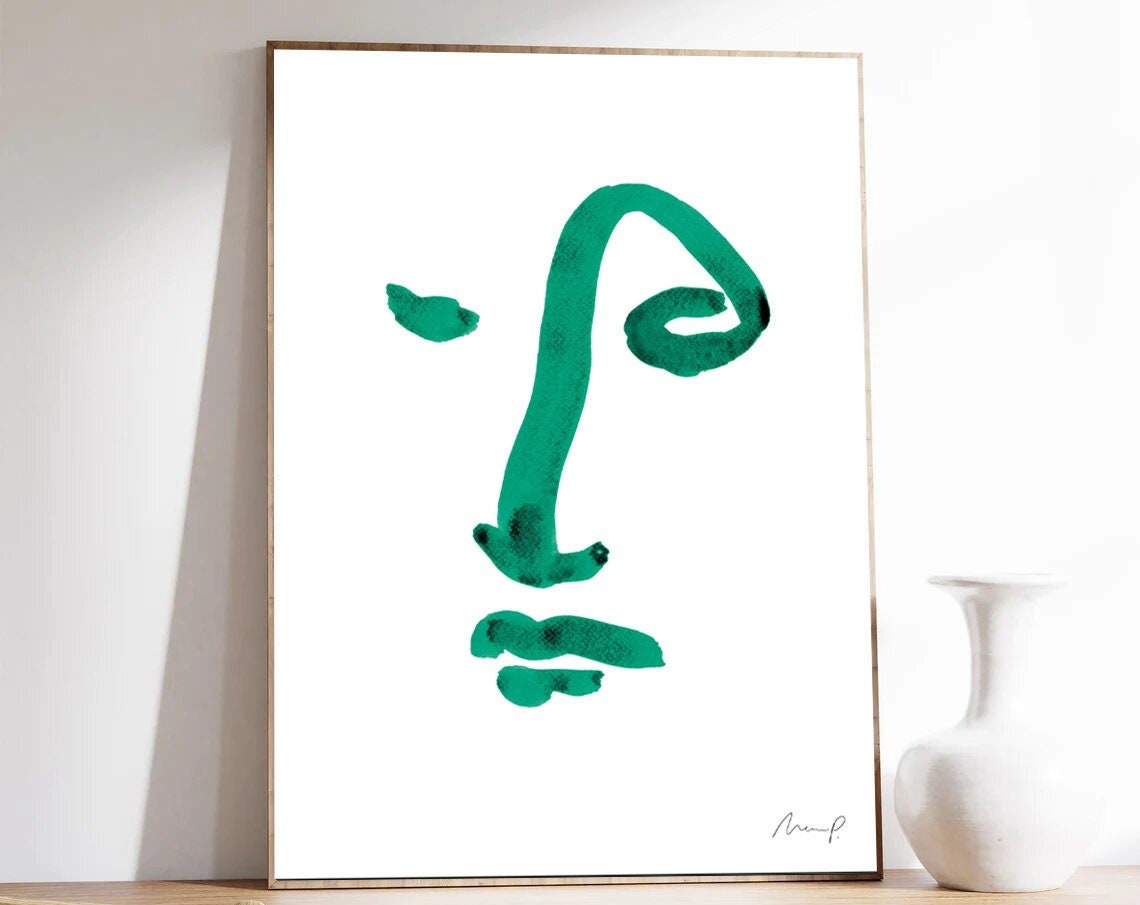 Green Brushstroke Face Six Minimalist Abstract Portrait Art Poster