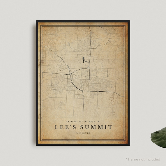 Vintage Lee's Summit Missouri Sepia City Map Antique Travel Wall Decor Poster