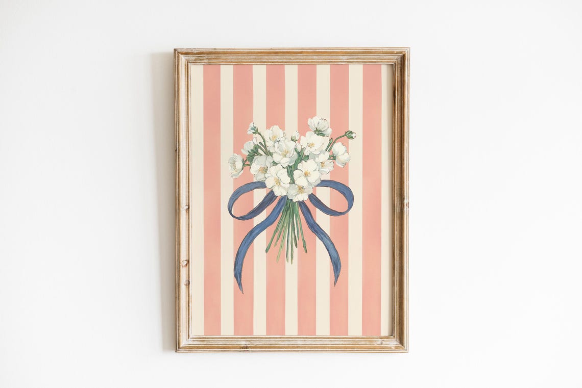 White Flower Bouquet Blue Bow Pink Striped Coquette Floral Wall Art - Image 4