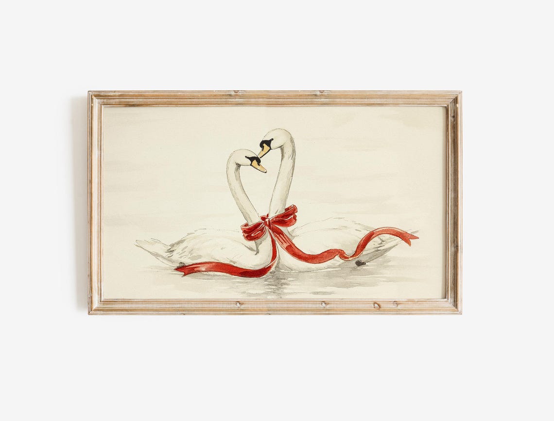 White Swans Red Bow Coquette Watercolor Valentine Love Bird Poster - Image 3