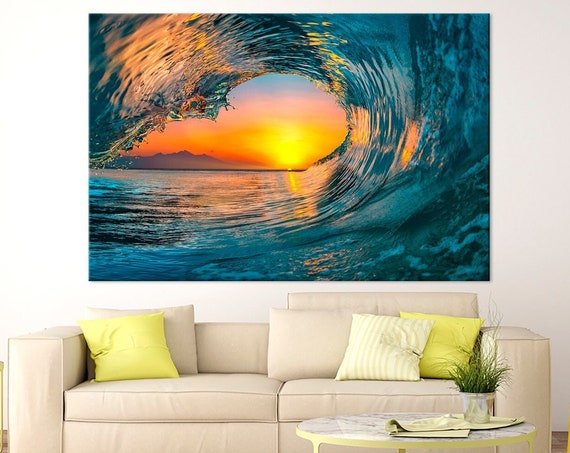 Blue Wave Print Ocean Wall Art Surfing Wave Print Nature Sunset Art Extra Large Wall Art Living Room Decor