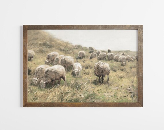 Vintage Sheep Flock Grazing Windy Hillside Pastoral Art Poster