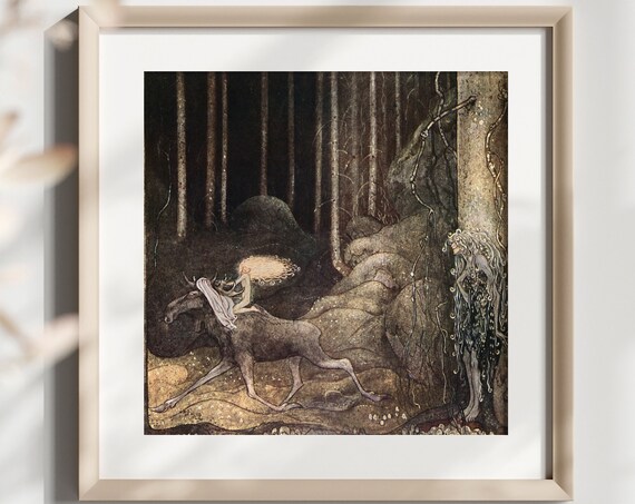 John Bauer Princess Riding Moose Dark Forest Fairytale Poster